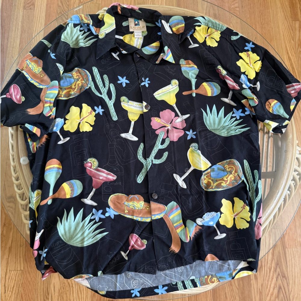 Kahala Black and Colorful Cocktail Print Hawaiian Shirt L Vacation Festival